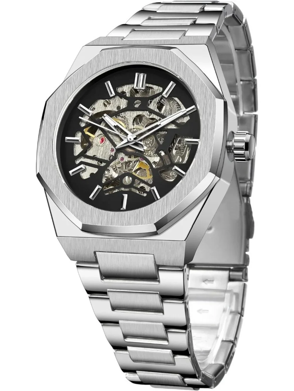 Men's Silver Black Automatic Mechanical Limited Luxury Carved Dial Wrist Watch